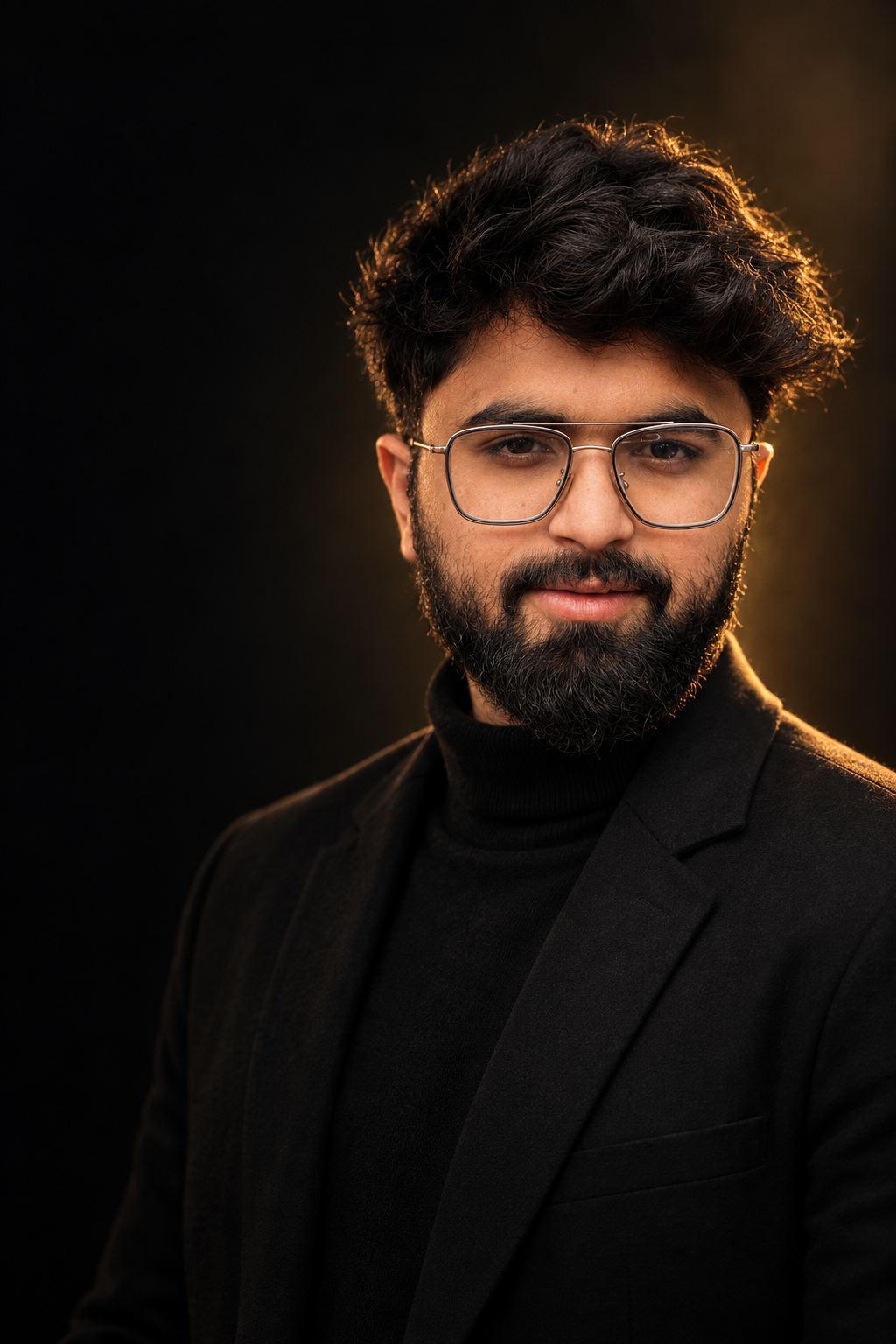 Mohammad Shahzeb Iqbal in suit with glasses and warm golden rim light